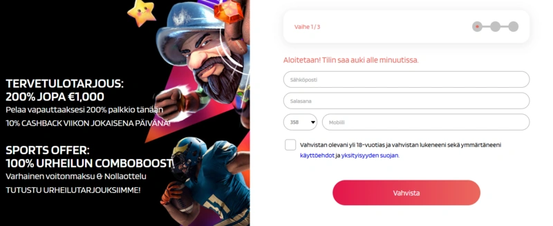 TrivelaBet Casino Rekisteröinti askel 1